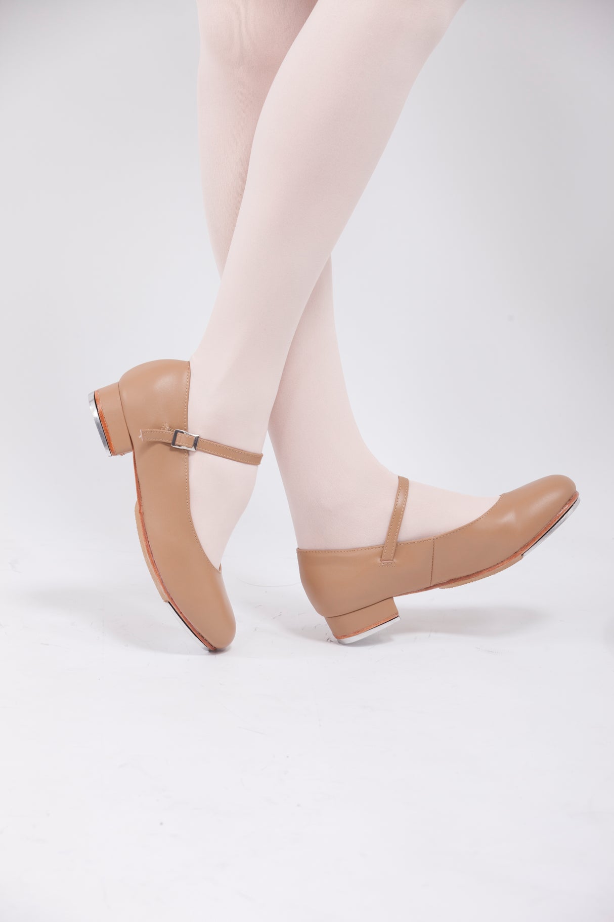 Leather Buckle Tap Shoes Beige
